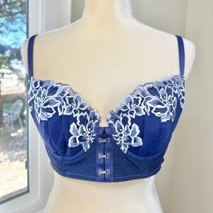 NWT Adore Me Floral Lace Bralette Hook Eye Closure‎ Blue Intimates 36C Night Out